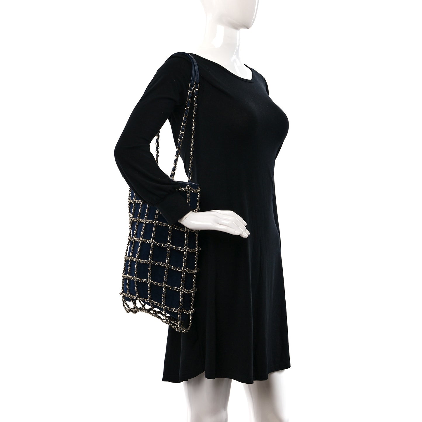 Suede Goatskin Large Shopping Chain Tote Navy Blue