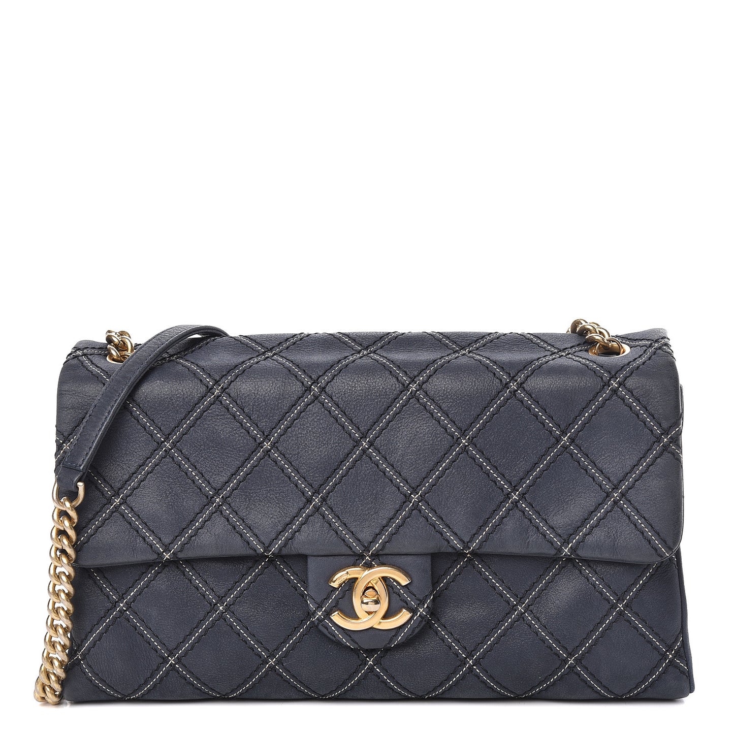 Calfskin Triple Stitched Medium Flap Navy
