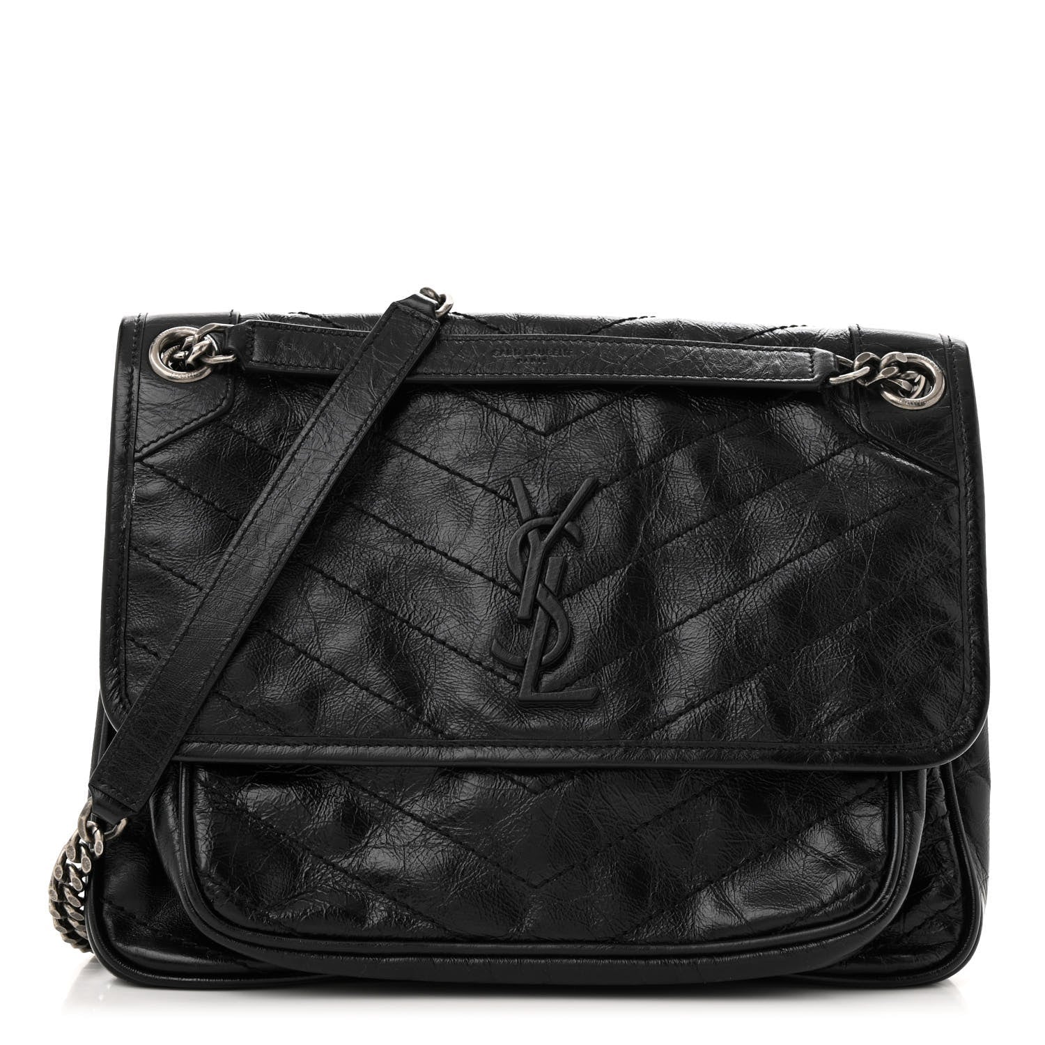 Saint Laurent Crinkled Calfskin Matelasse Monogram Medium Niki Chain Satchel Black 1 of 12