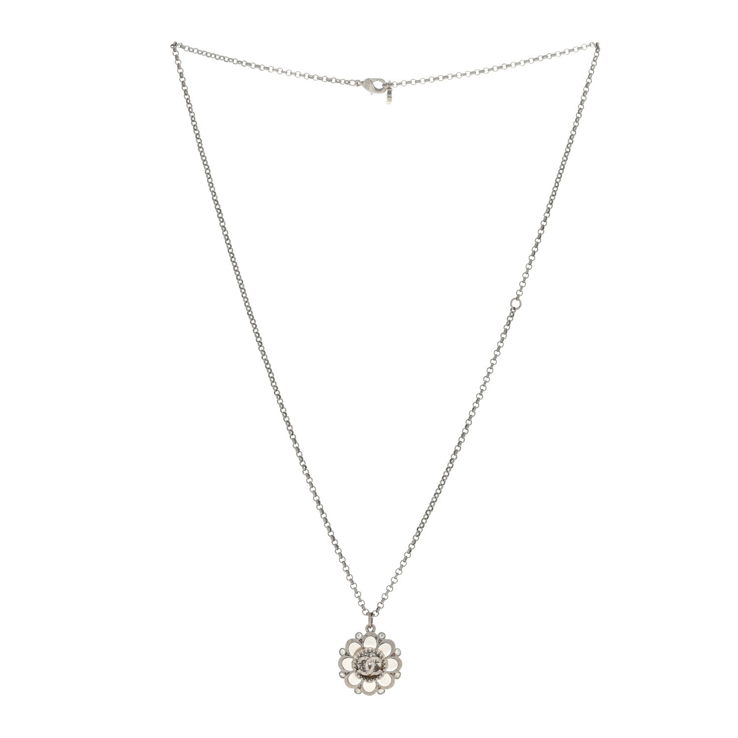 Chanel Crystal CC Flower Pendant Necklace Silver 2 of 3