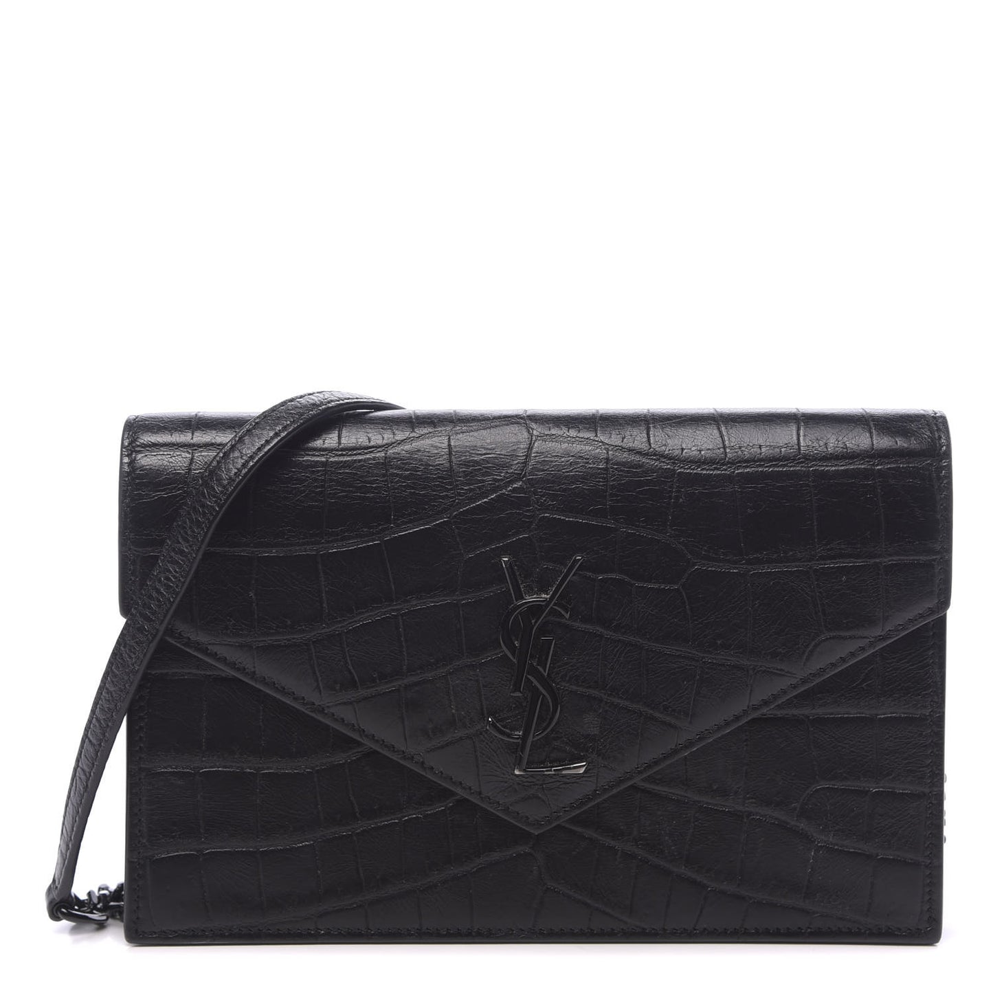 Calfskin Crocodile Embossed Monogram Envelope Chain Wallet Black