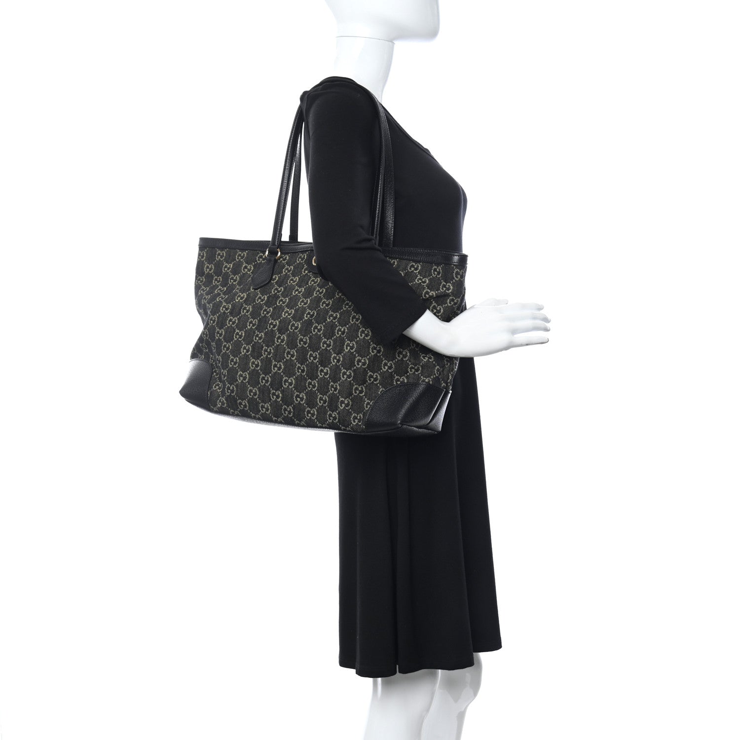 Gucci Jacquard Black Denim GG Monogram Medium Ophidia Shopping Tote Black Ivory 2 of 11
