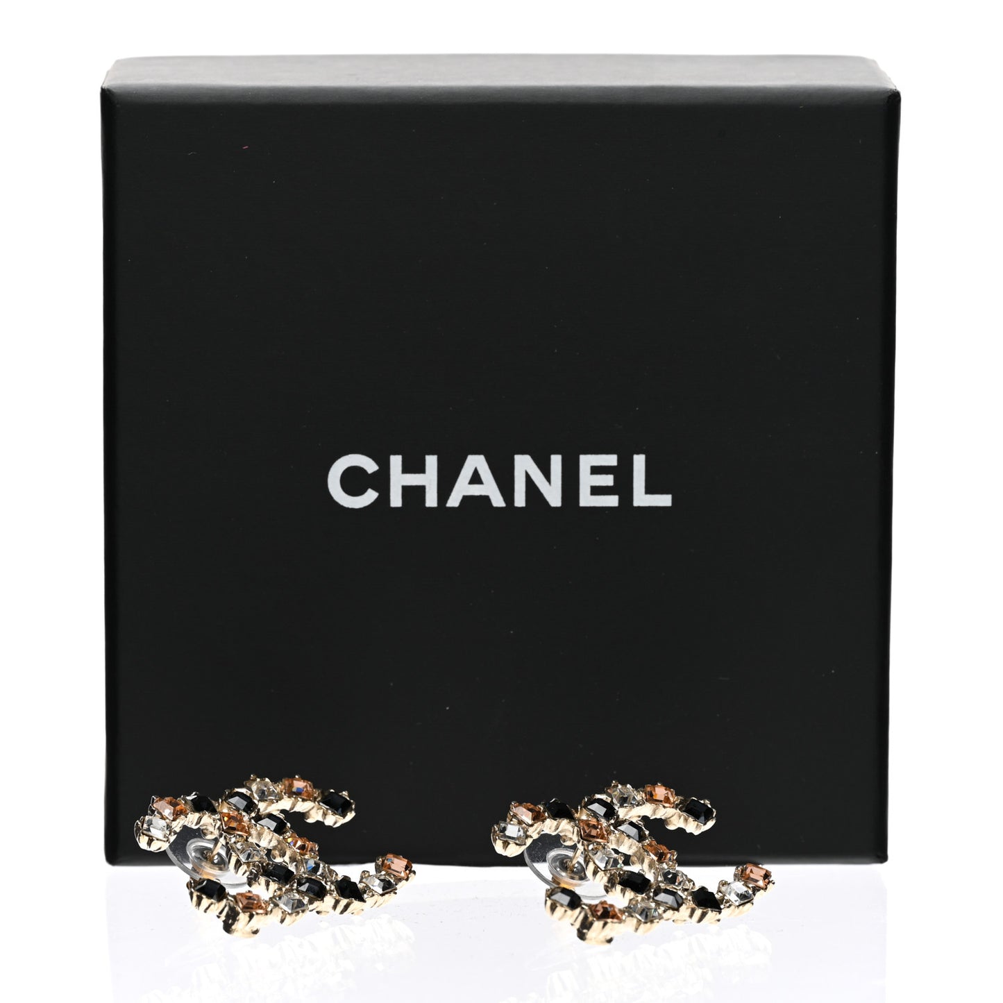Metal Baguette Crystal CC Earrings Black Orange