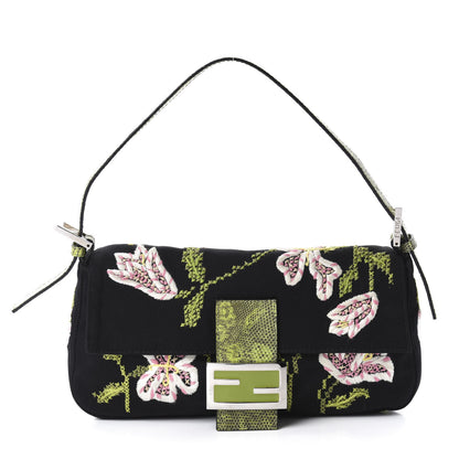 Fendi Canvas Lizard Embroidered Flower Baguette Black Multicolor 1 of 12