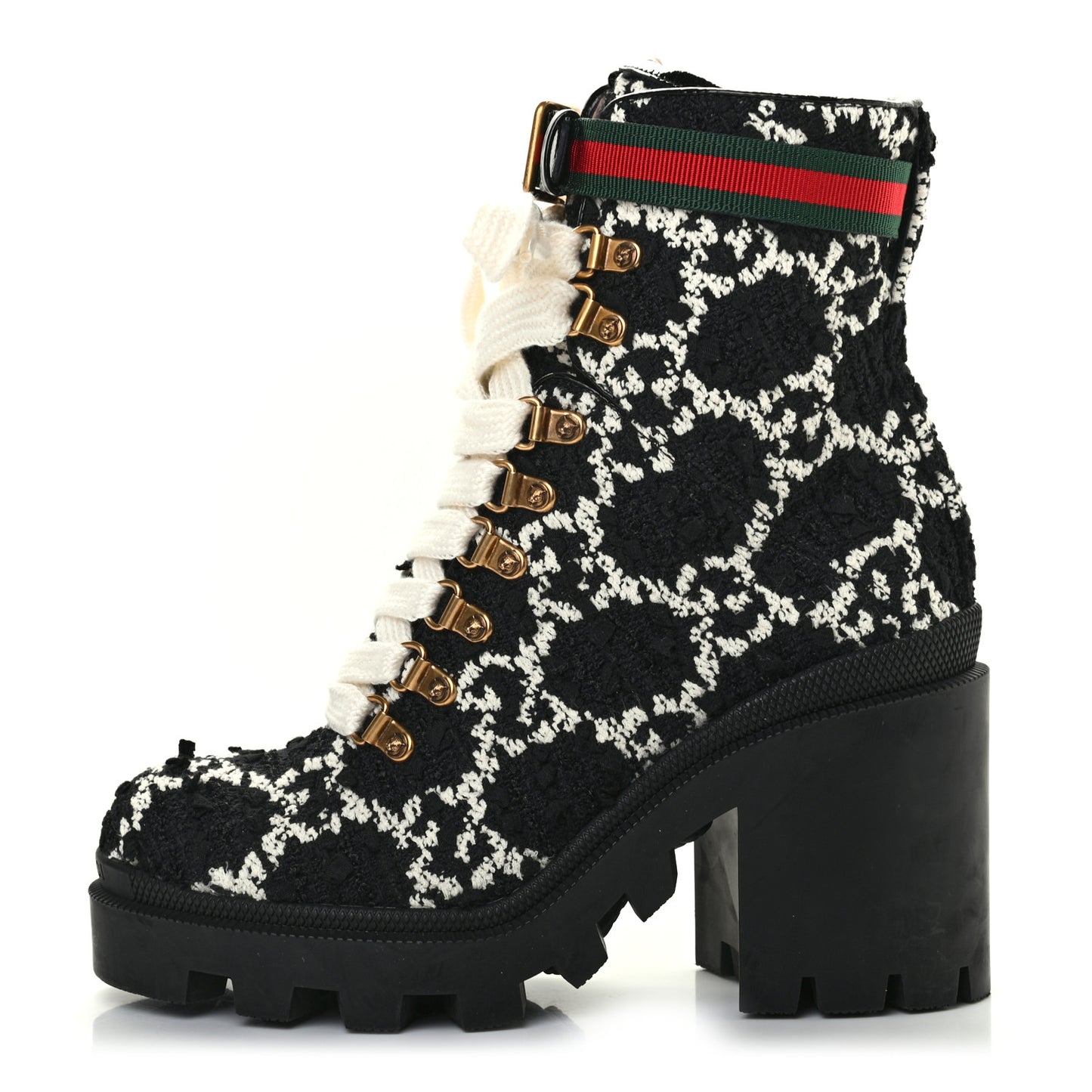 Tweed GG Monogram Lace Up Combat Ankle Boots 36.5 Black