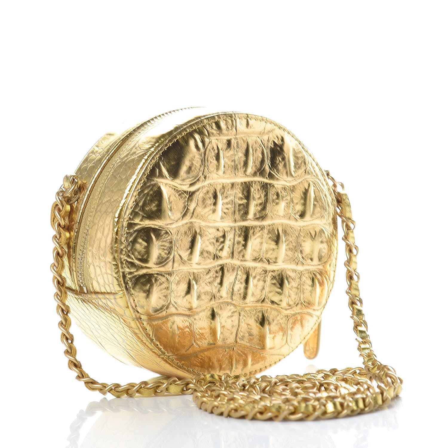 Chanel Metallic Calfskin Crocodile Embossed Cocodile Round Clutch with Chain Gold 3 of 9