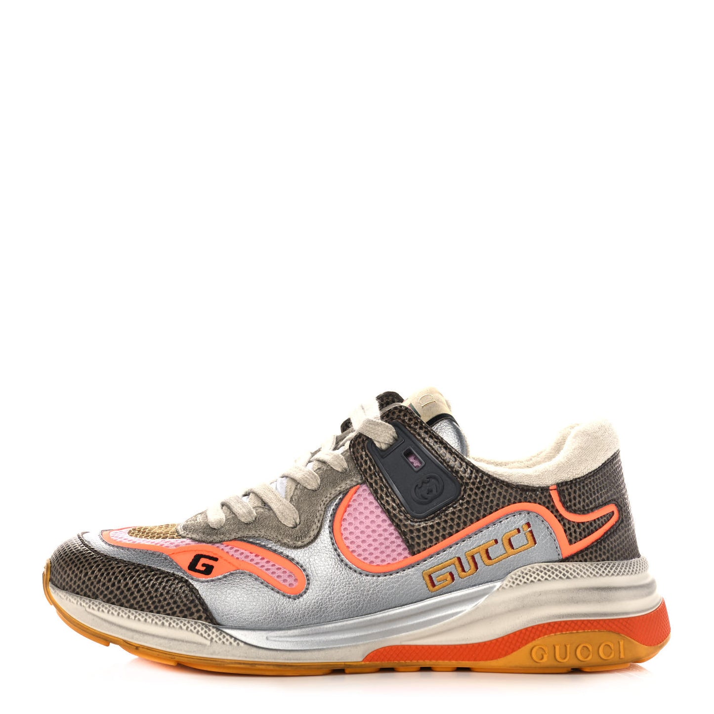 Calfskin Suede Mesh Lizard Embossed Womens Ultrapace Sneakers 36 Silver Anthracite Neon Orange