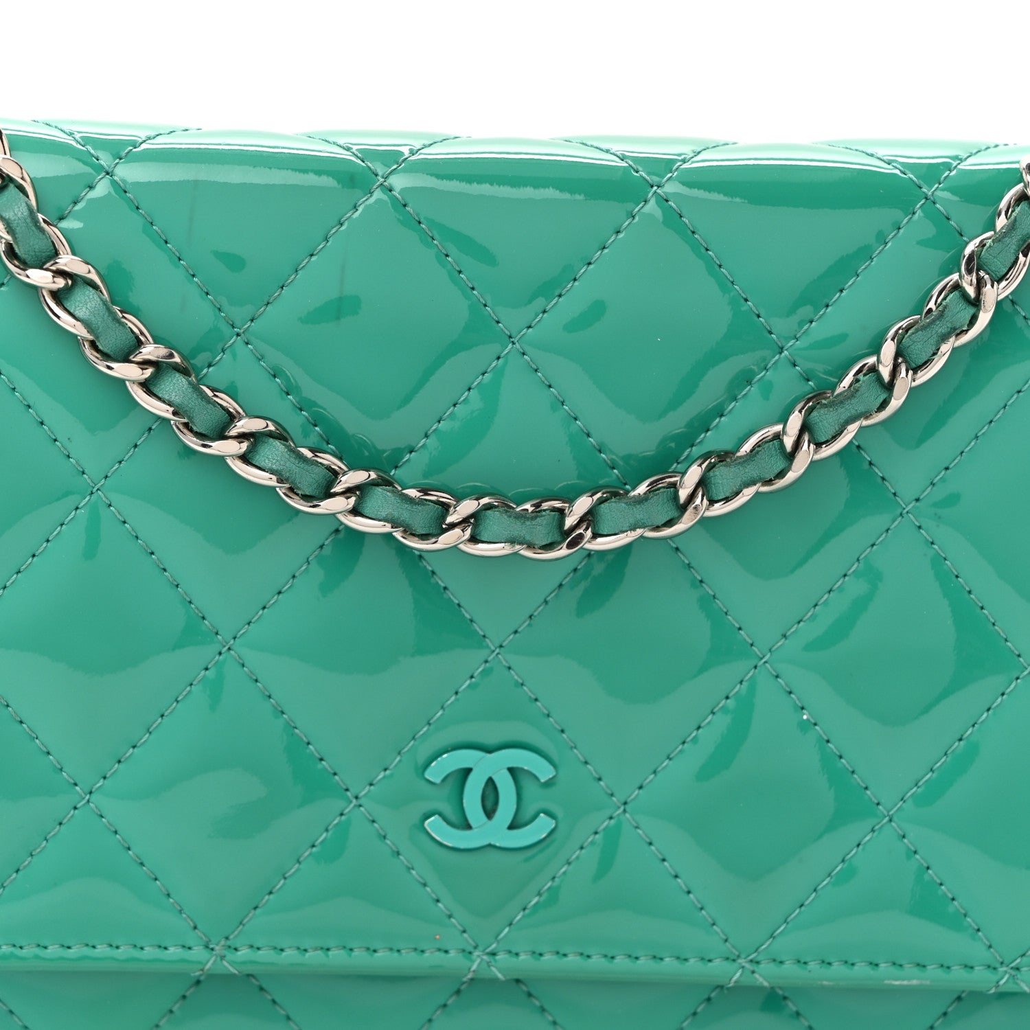Chanel Patent Quilted Wallet On Chain WOC Green 8 of 11
