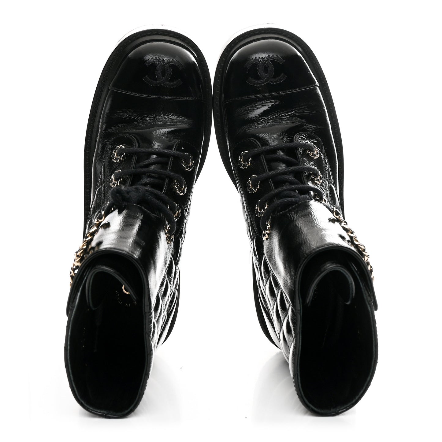 Shiny Calfskin Quilted Lace Up Combat Boots 36 Black