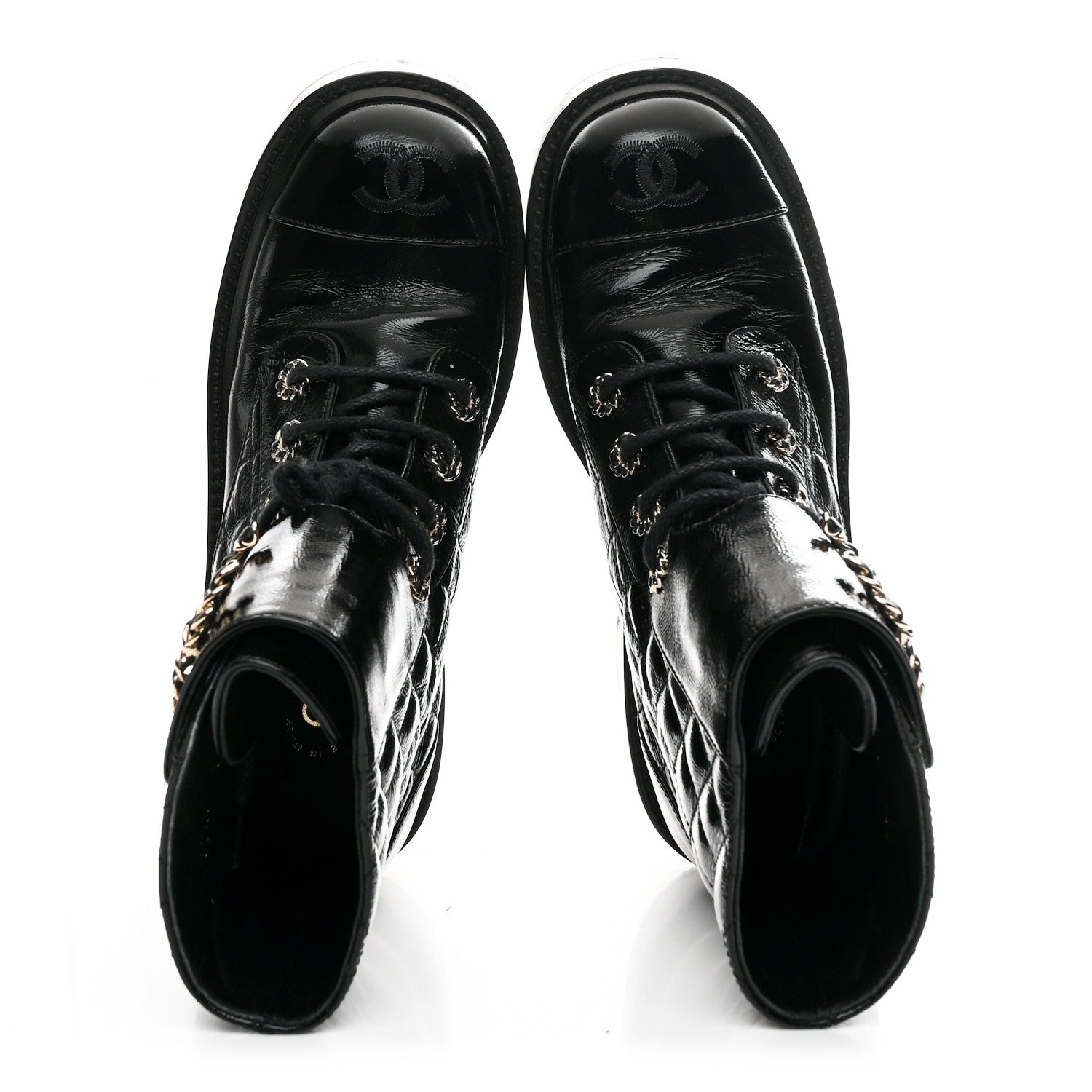 Chanel Shiny Calfskin Quilted Lace Up Combat Boots 36 Black 2 of 9