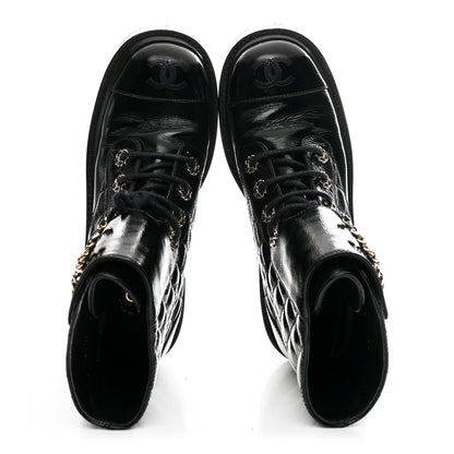 Chanel Shiny Calfskin Quilted Lace Up Combat Boots 36 Black 2 of 9