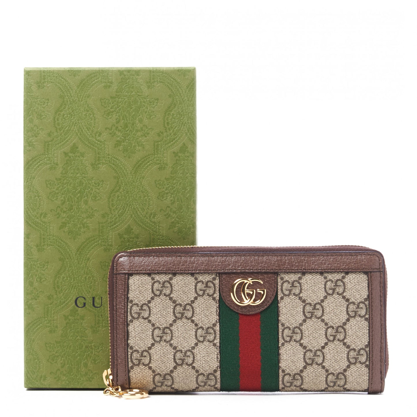 GG Supreme Monogram Web Ophidia Zip Around Wallet Brown