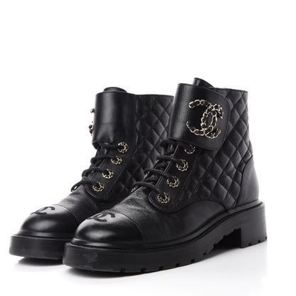 Chanel Shiny Goatskin Calfskin Quilted Lace Up Combat Boots 38 Black 3 of 8