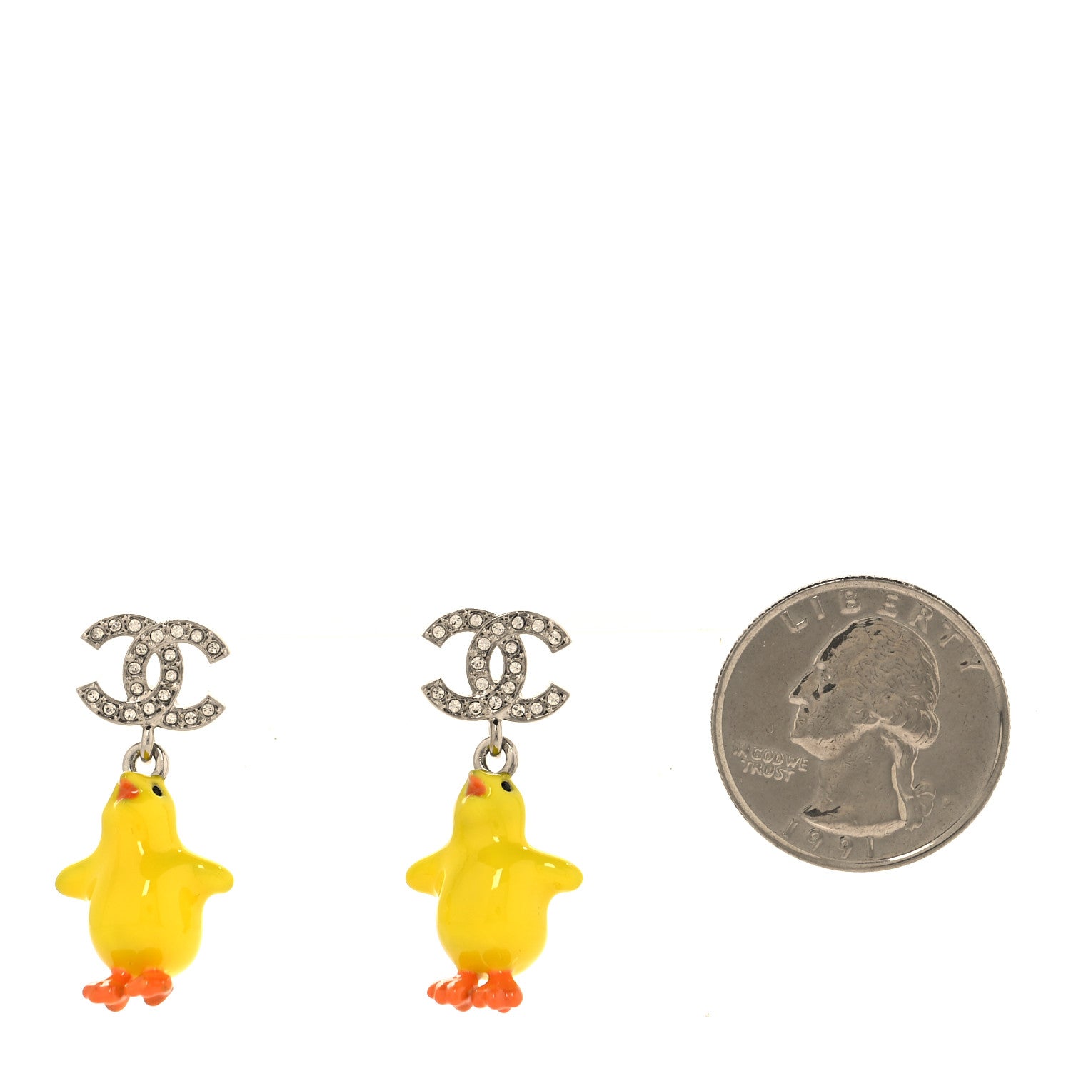 Chanel Metal Resin Strass Crystal CC Baby Chick Pendant Earrings Silver Yellow Orange 2 of 5