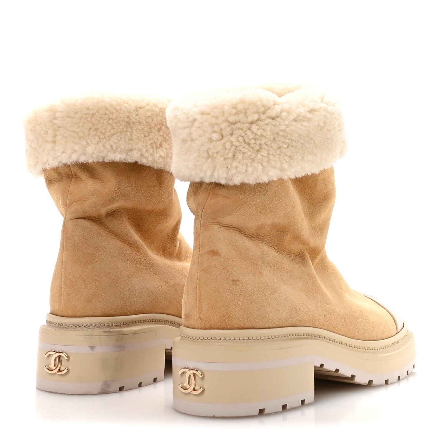 Chanel Suede Shearling Cap Toe Short Boots 38 Beige 5 of 8