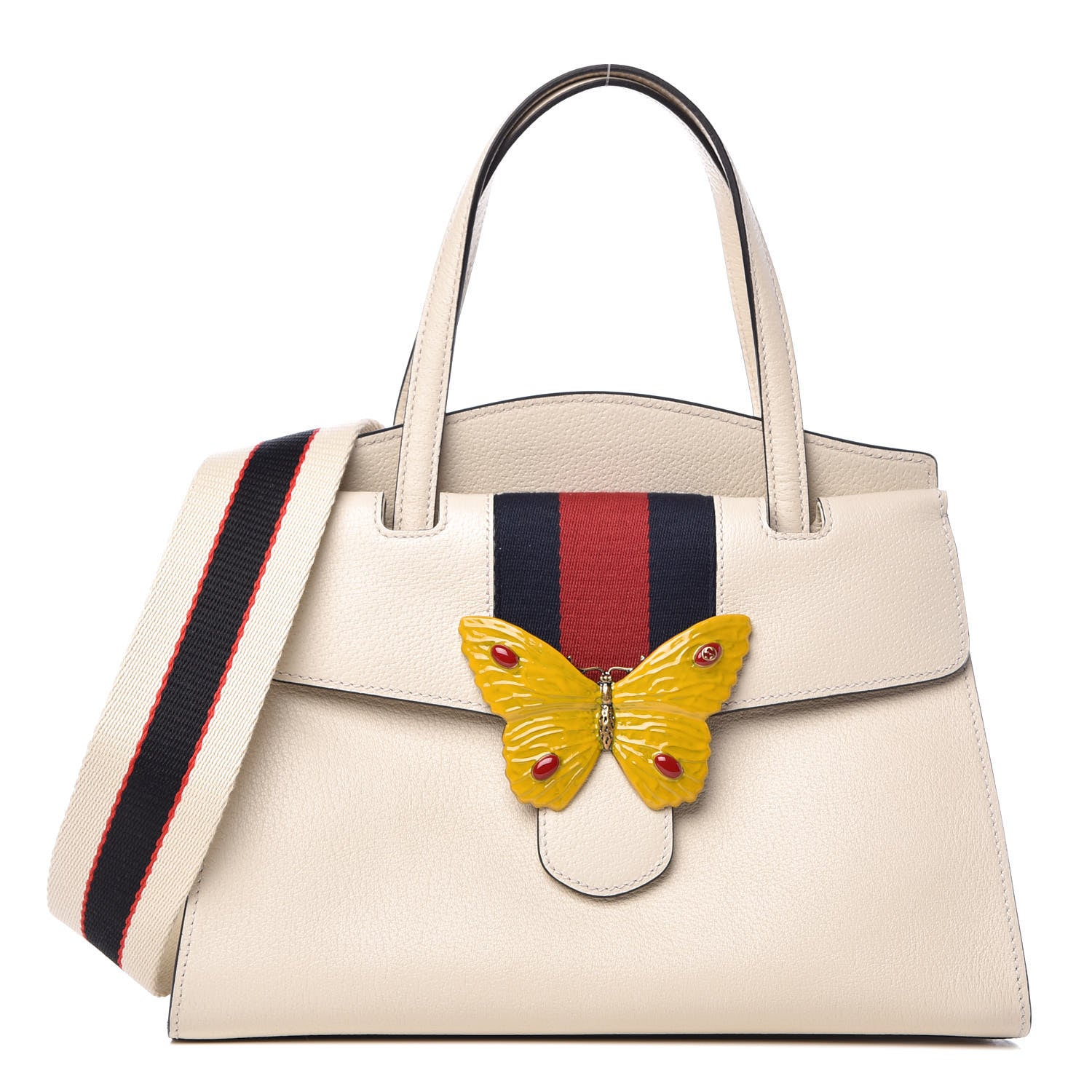 Gucci Grained Calfskin Web Stripe Butterfly Medium Totem Top Handle Bag White 2 of 11
