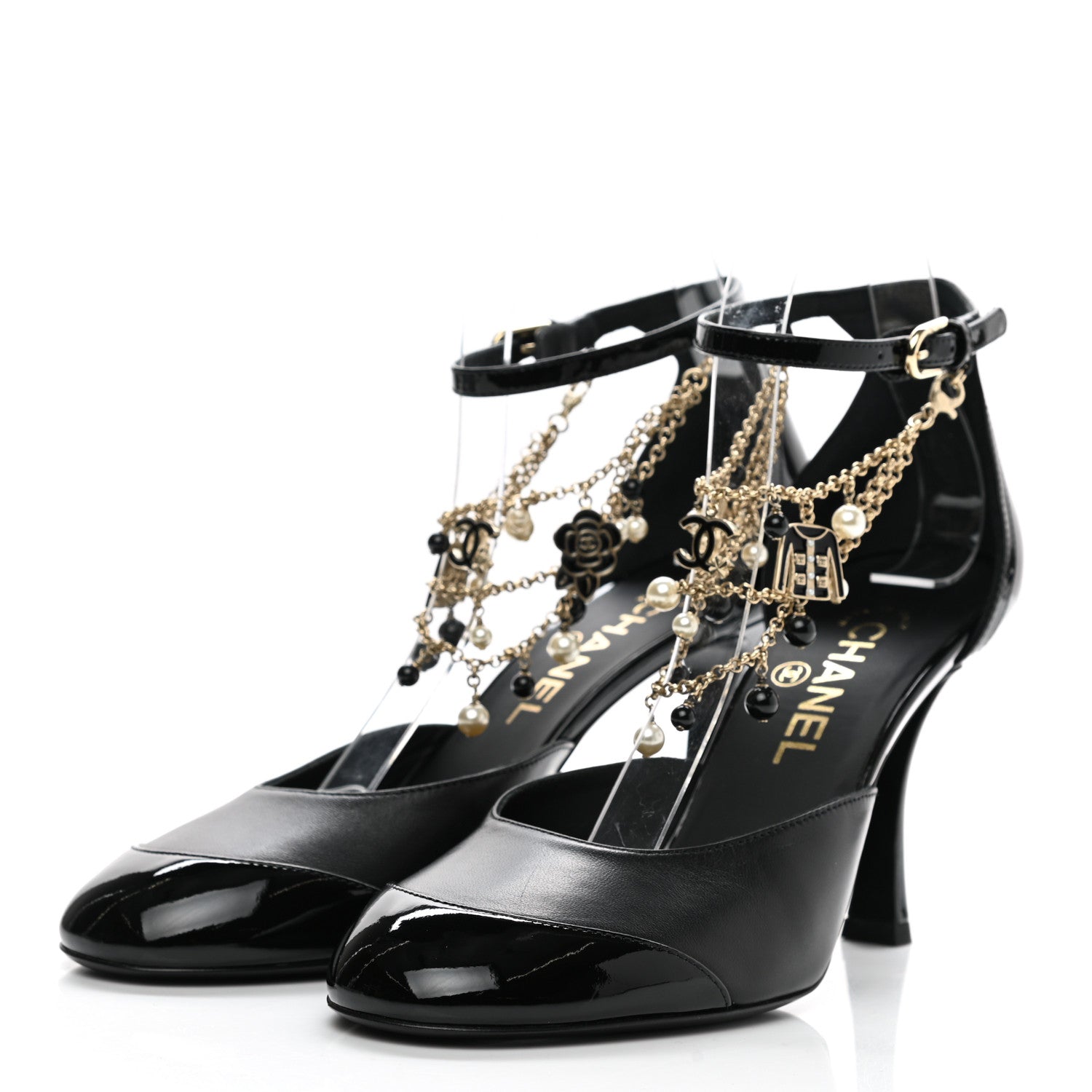 Chanel Patent Cap Toe Chain Ankle Strap Pumps 39 Black 3 of 8