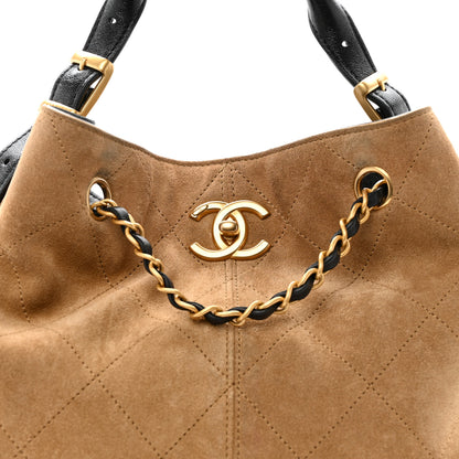 Chanel Suede Calfskin Shiny Lambskin Quilted Coco Base Shopping Bag Beige Black 8 of 14
