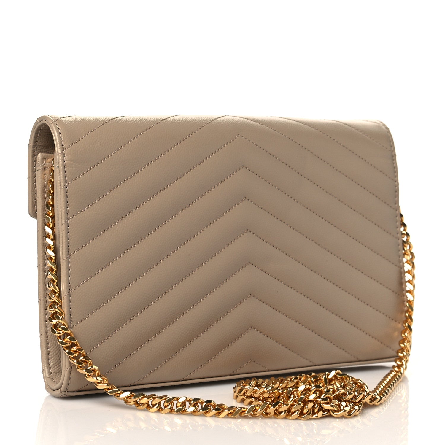Saint Laurent Grain De Poudre Matelasse Chevron Monogram Chain Wallet Dark Beige 3 of 11