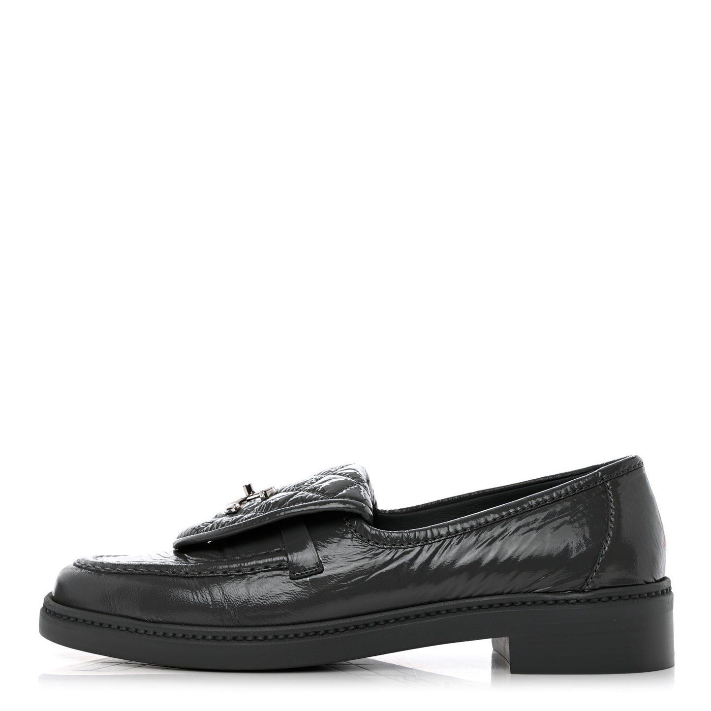 Crumpled Shiny Lambskin Quilted CC Turnlock Loafers 39.5 Dark Grey