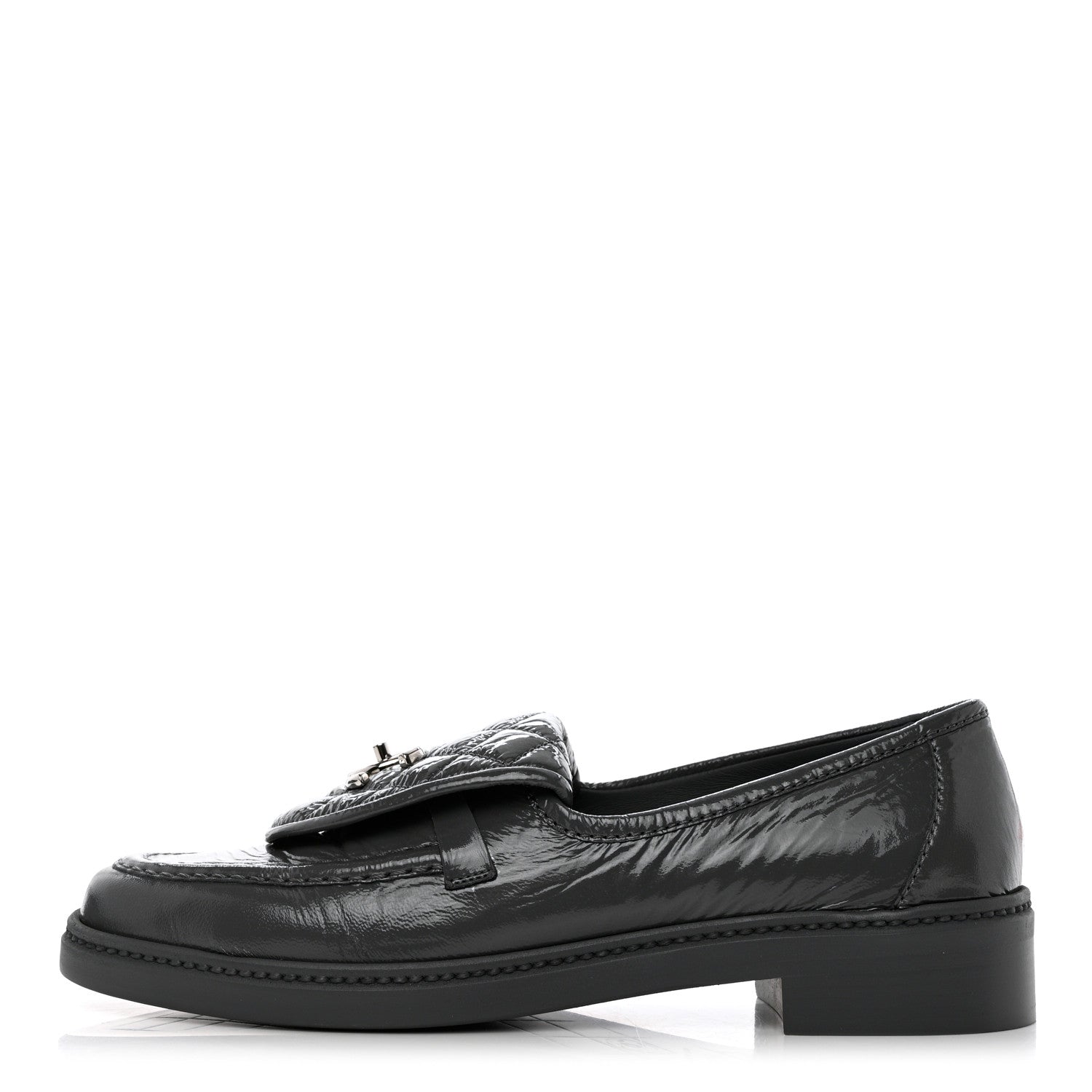 Chanel Crumpled Shiny Lambskin Quilted CC Turnlock Loafers 39.5 Dark Grey 1 of 9