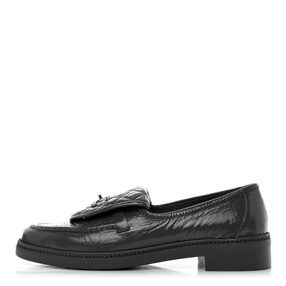 Chanel Crumpled Shiny Lambskin Quilted CC Turnlock Loafers 39.5 Dark Grey 1 of 9