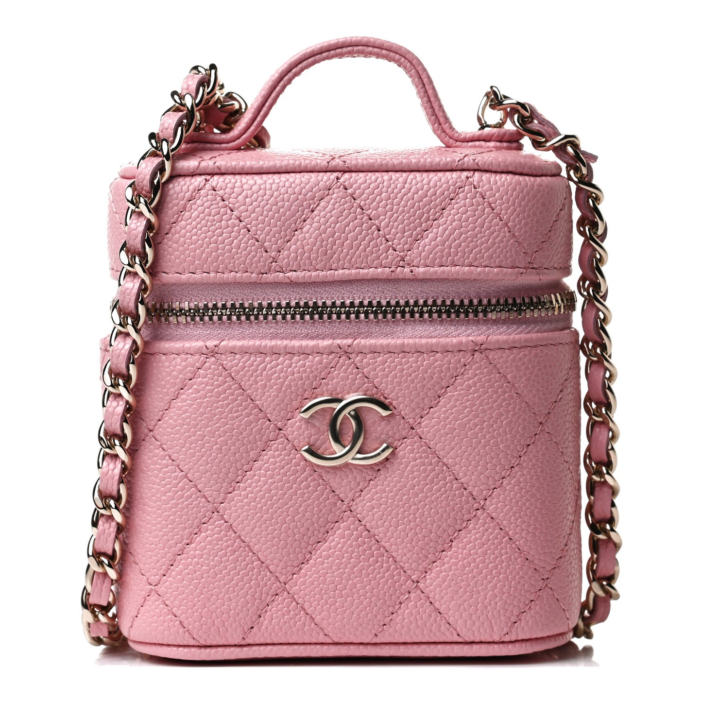 Caviar Quilted Small Handle With Care Vanity Case With Chain Pink