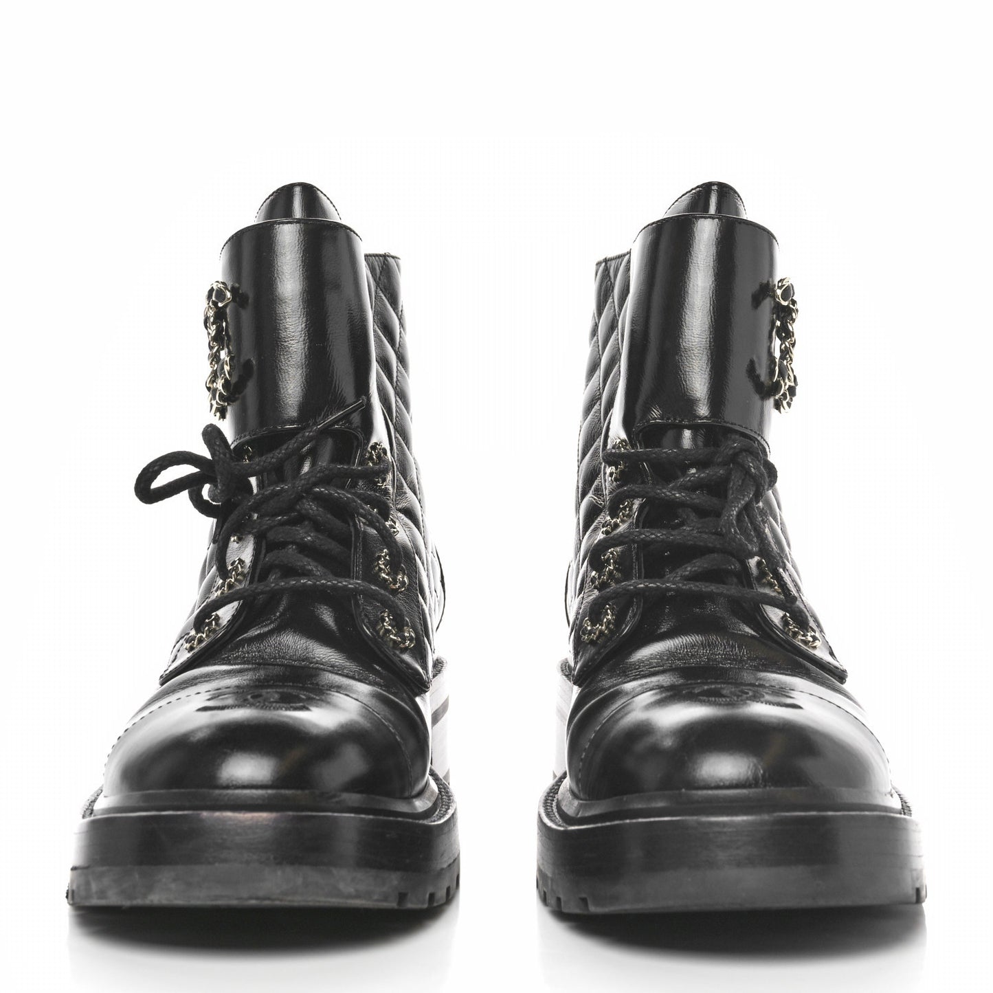 Shiny Goatskin Calfskin Quilted Lace Up Combat Boots 40 Black