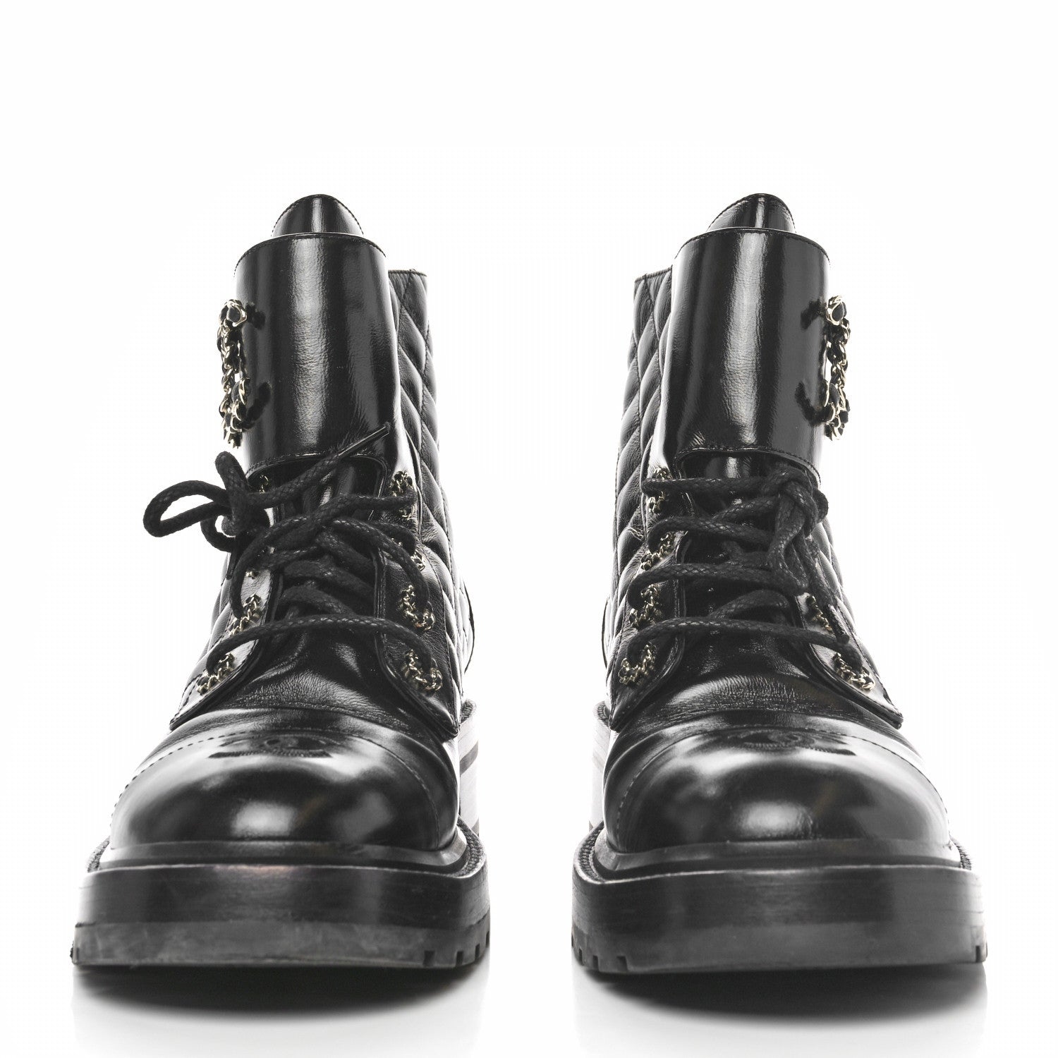 Chanel Shiny Goatskin Calfskin Quilted Lace Up Combat Boots 40 Black 2 of 8