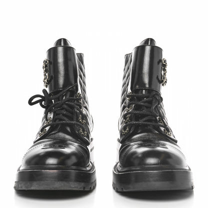 Chanel Shiny Goatskin Calfskin Quilted Lace Up Combat Boots 40 Black 2 of 8