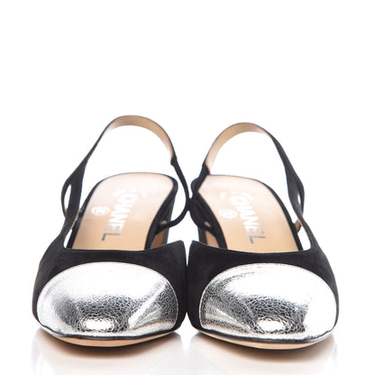 Chanel Kid Suede Metallic Lambskin Cap Toe CC Slingback Pumps 37 Black Silver 2 of 9