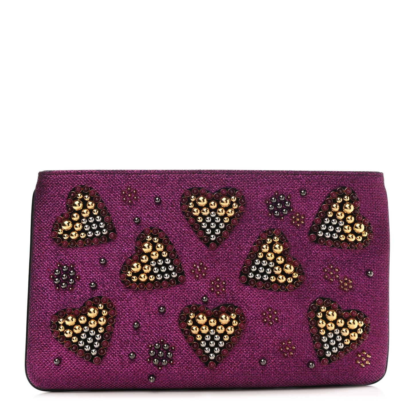 Metallic Raffia Studded Loubiposh Chain Clutch Magenta