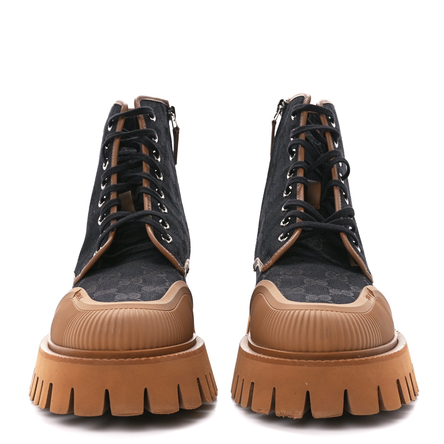 Gucci Monogram Miro Soft Calfskin Mens Lace Up Combat Boots 9 Black Koi Beige 2 of 12