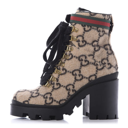 Gucci Covered Wool GG Monogram Womens Lace Up Combat Ankle Boots 36 Beige Ebony Black 1 of 10