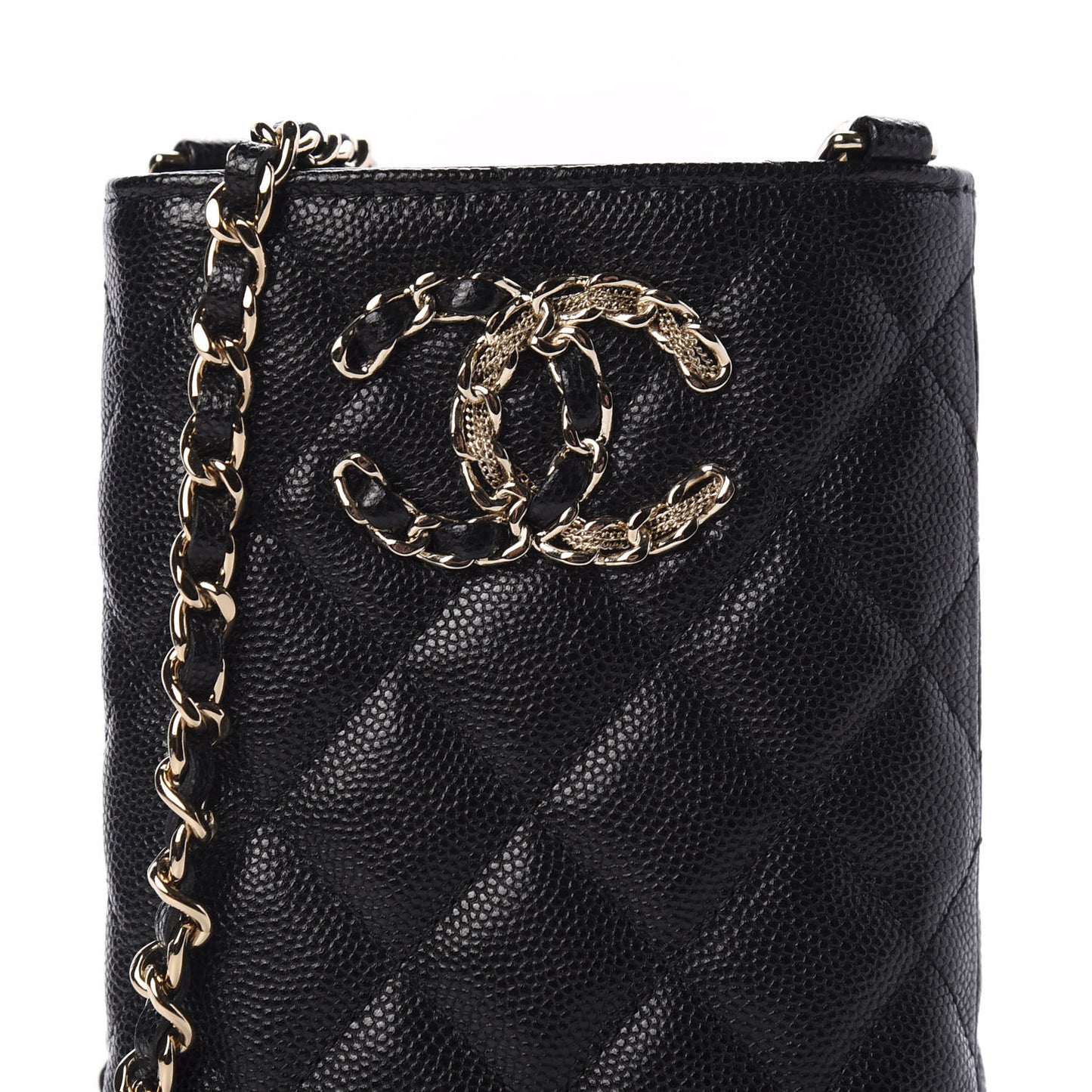 Caviar Quilted French New Wave Phone Holder With Chain Black
