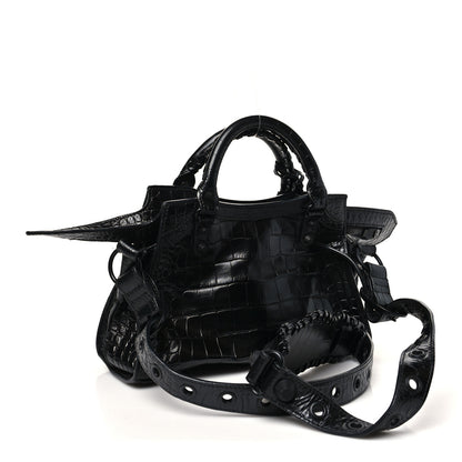 Balenciaga Semi Shiny Calfskin Crocodile Embossed Monochrome Neo Cagole Handbag XS Black 4 of 10