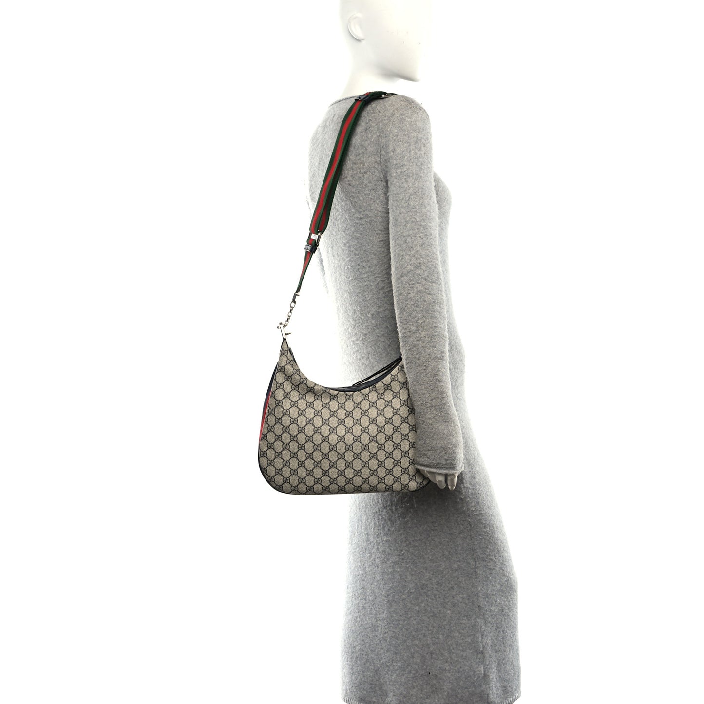 GG Supreme Monogram Textured Calfskin Web Large Attache Shoulder Bag Beige Blue