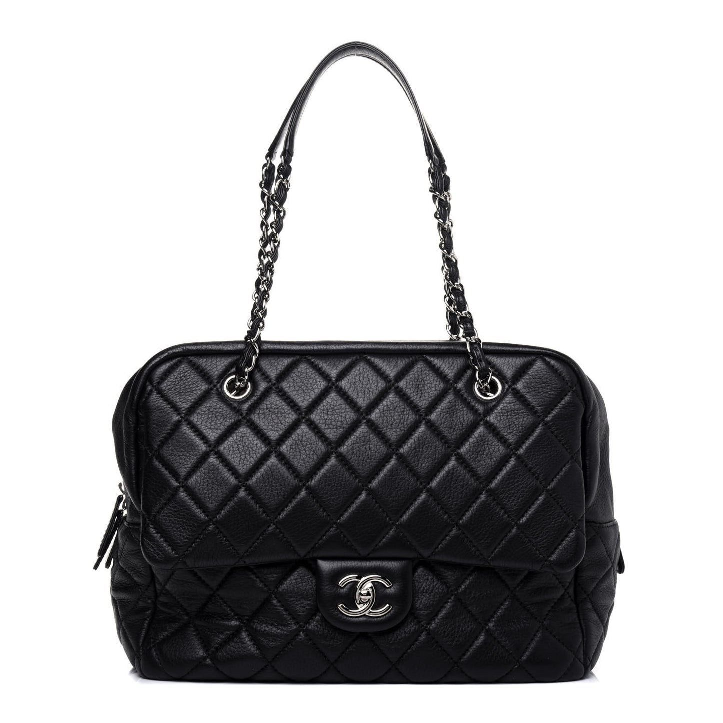 Washed Lambskin Quilted Bowler Flap Shoulder Bag Black