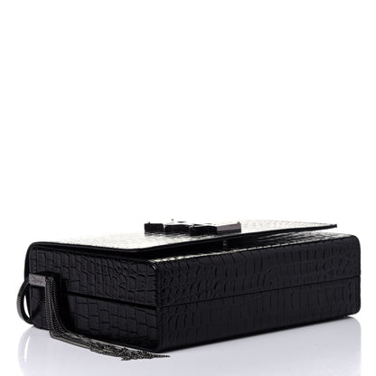 Saint Laurent Calfskin Crocodile Embossed Monogram Small Kate Slide Chain Crossbody Box Bag Black 3 of 4