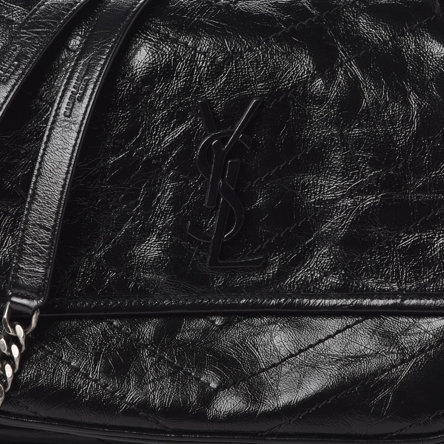 Crinkled Calfskin Matelasse Monogram Medium Niki Chain Satchel Black
