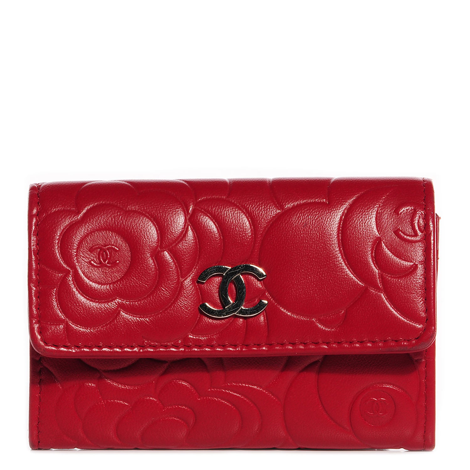 Chanel Lambskin Camellia Embossed Card Holder Wallet Rouge 1 of 9