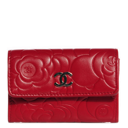 Chanel Lambskin Camellia Embossed Card Holder Wallet Rouge 1 of 9