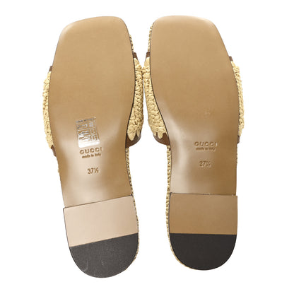 Gucci Raffia Interlocking G Flat Slide Sandals 37.5 Bright Natural Sundial 6 of 9