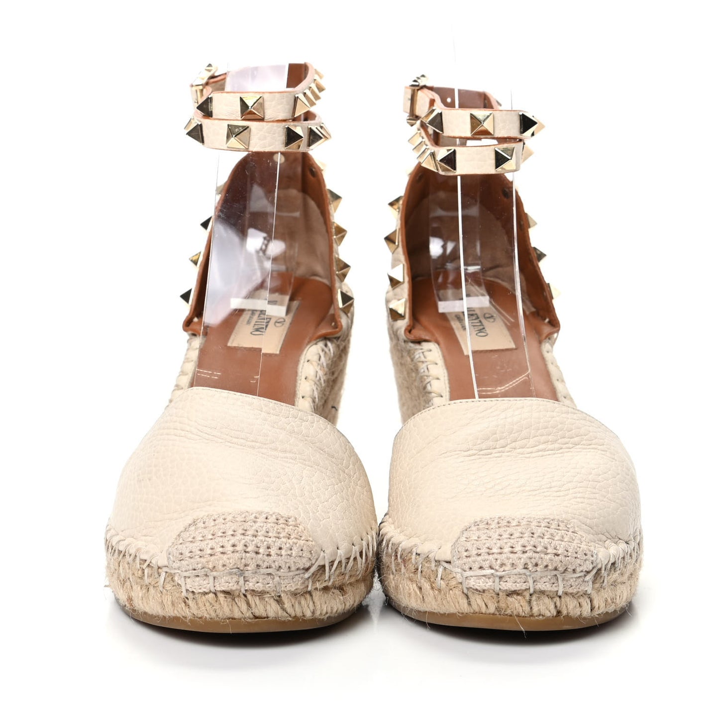 Grained Calfskin Rockstud Ankle Wrap Espadrille 15/85mm Wedges 37 Light Ivory
