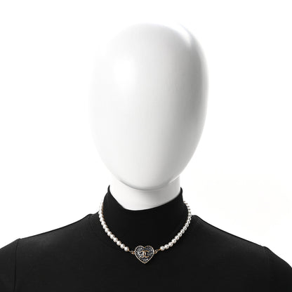 Chanel Metal Denim CC Heart Choker Gold Blue Pearly White 2 of 5