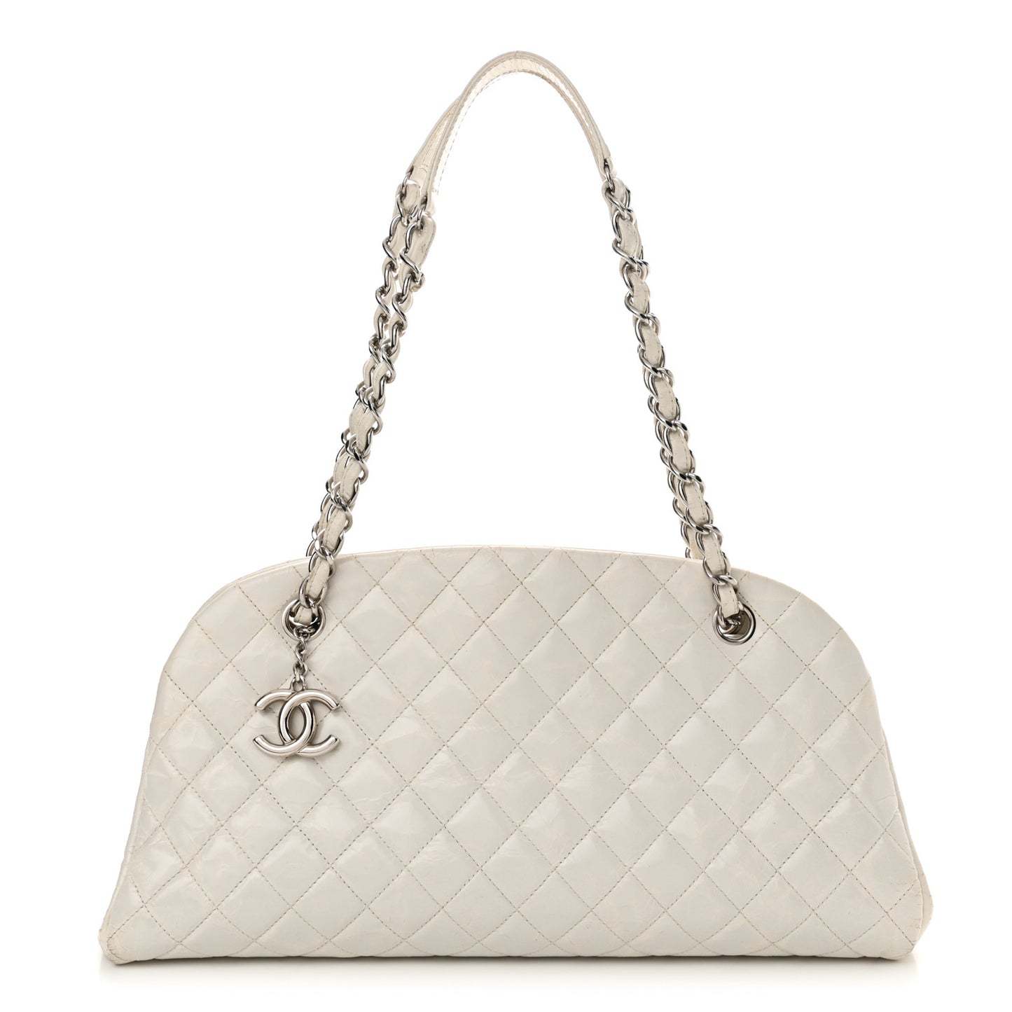 Glazed Calfskin Quilted Medium Just Mademoiselle Bowling Bag White