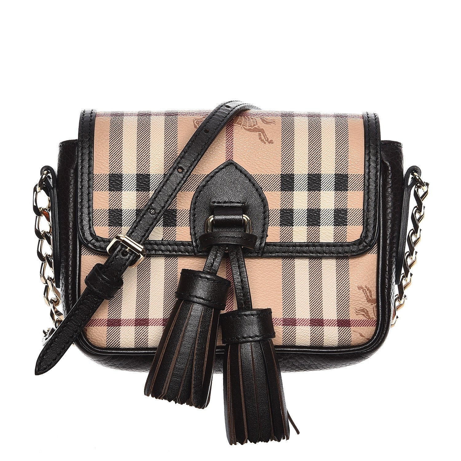 Burberry Haymarket Check Mini Tassel Crossbody Bag Chocolate 1 of 9
