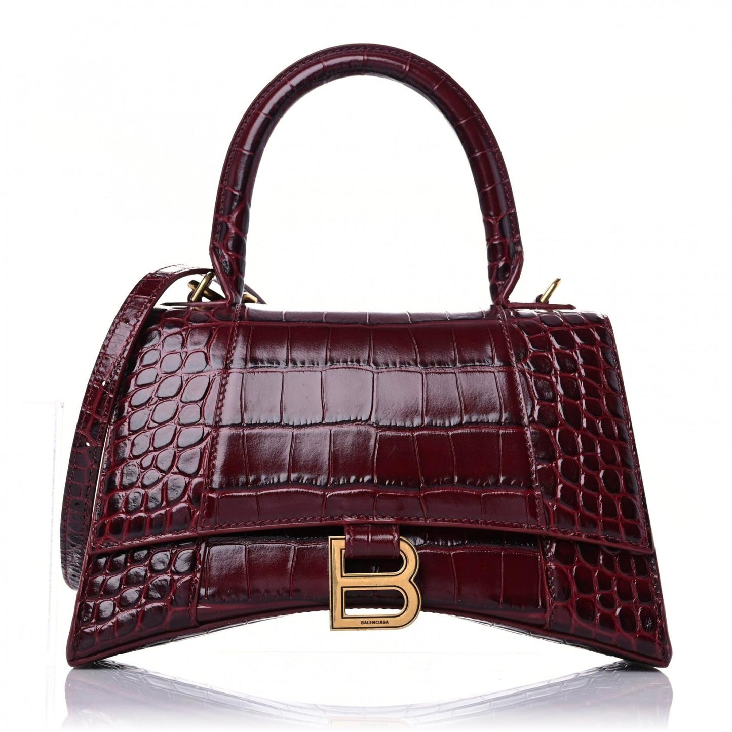 Shiny Calfskin Crocodile Embossed Small Hourglass Top Handle Bag Dark Red