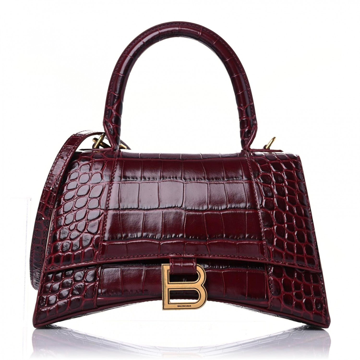 Balenciaga Shiny Calfskin Crocodile Embossed Small Hourglass Top Handle Bag Dark Red 1 of 13