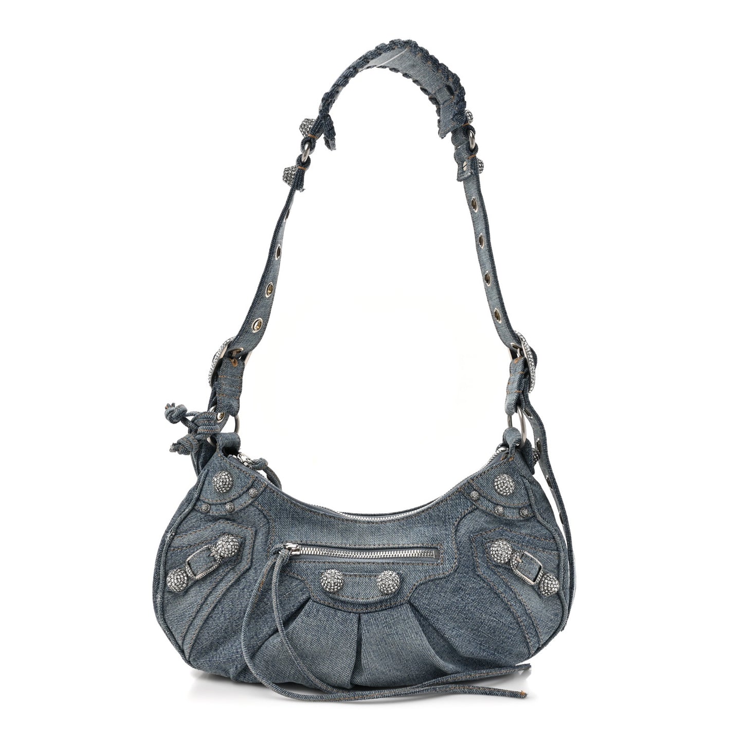 Washed Frayed Denim Crystal Small Le Cagole Shoulder Bag Blue